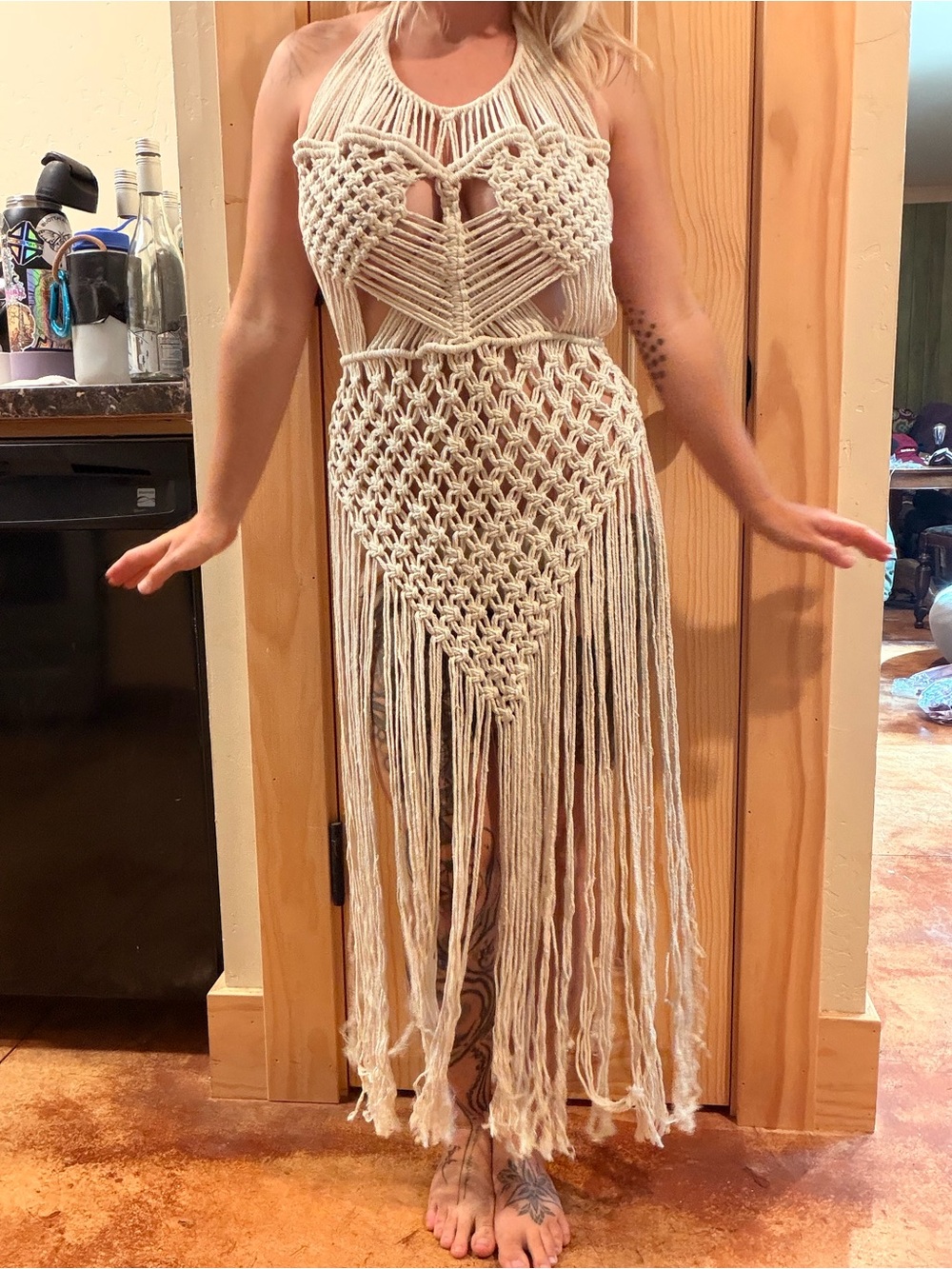 Boho Crochet Fringe Halter Dress - Cream